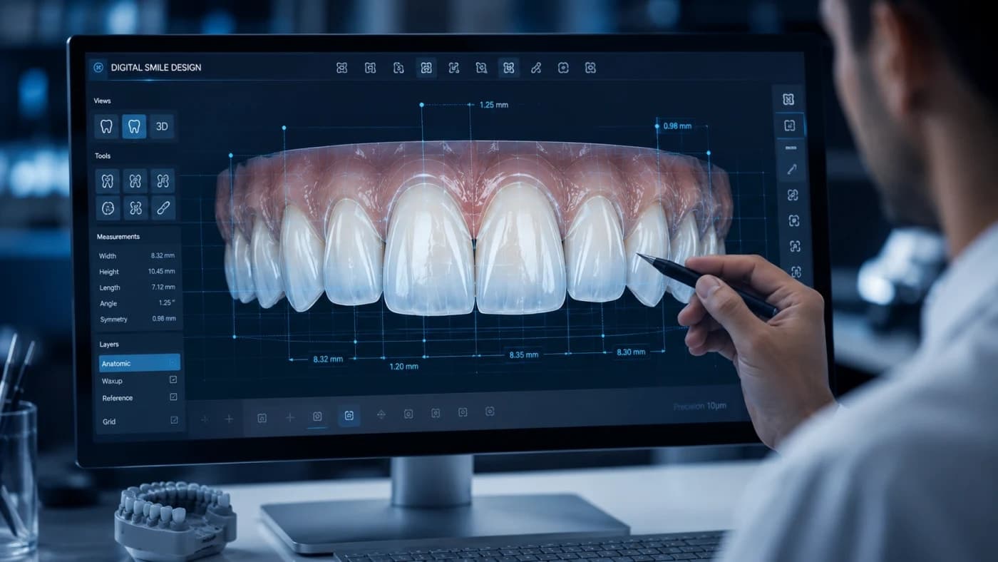 تصميم رقمي لابتسامة هوليود ثلاثية الأبعاد يُظهر قياسات الأسنان وتخطيط الابتسامة بدقة قبل بدء العلاج.