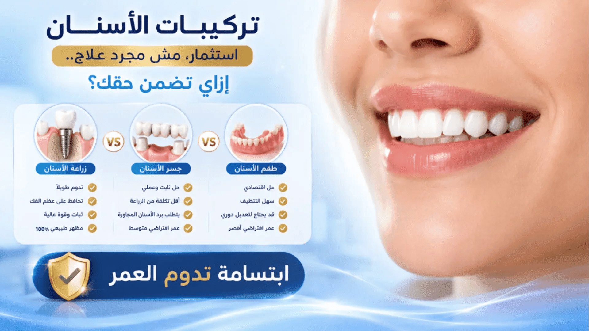 مقارنة بين زراعة الأسنان وجسر الأسنان وطقم الأسنان.